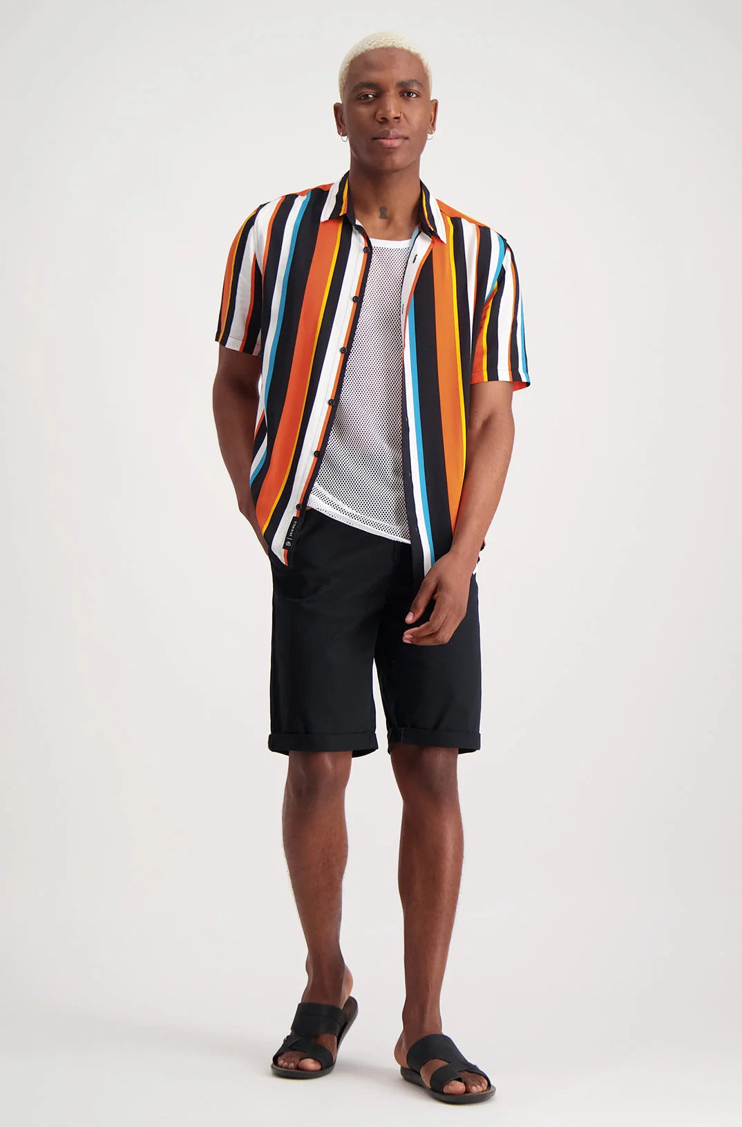 Men’s short-sleeved collared shirt with vertical stripes in orange, black, white, and blue.