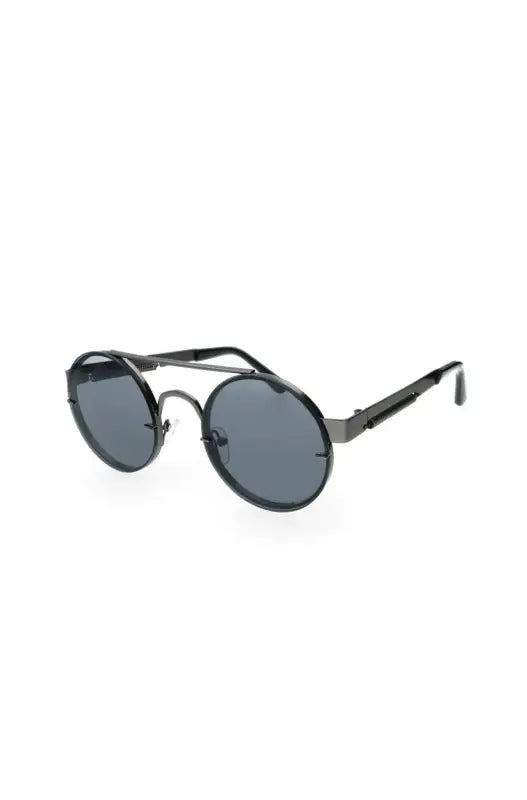Round black sunglasses with dark lenses.