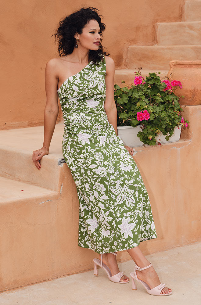 Ladies | Amelia one Shoulder Linen Dress _ 165158 Green Dresses