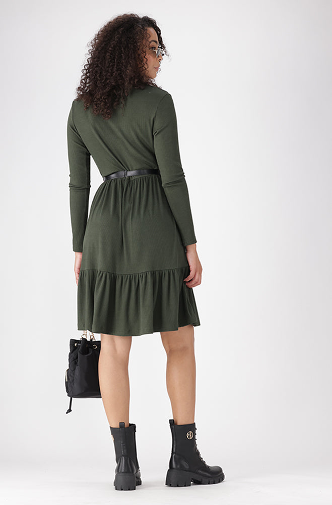 TATUM BELTED TIERED RIB DRESS