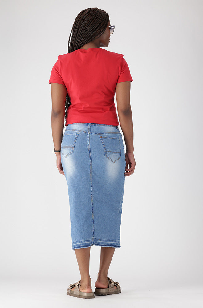 ROSIE DENIM LONGER LENGTH UNCLIPPED HEM SKIRT