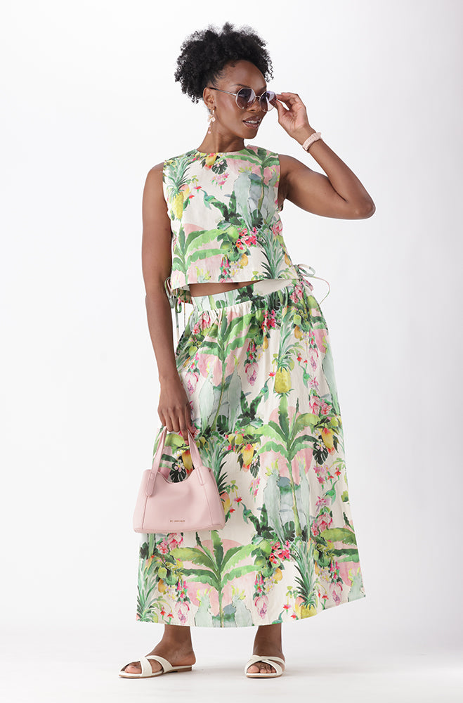 SELAH PRINTED FIT AND FLARE MIDI SKIRT