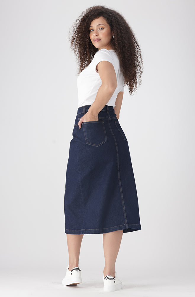 Ladies | Ivy Denim Longer Length Front Slit Skit _ 162937 Dark Wash Skirts