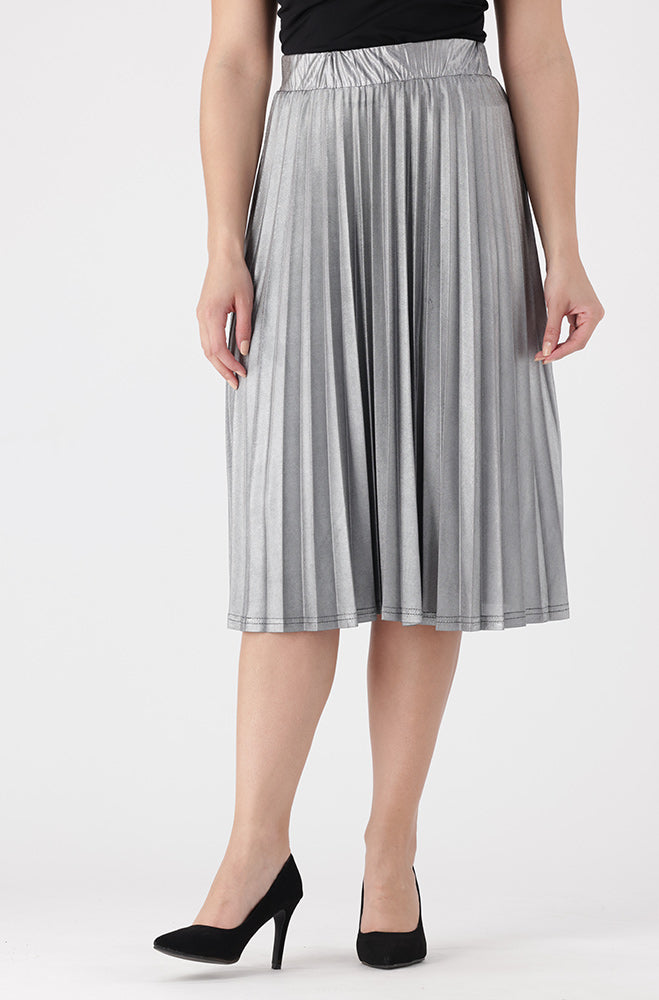 Elastic Waist Black Silver Pleated Skirt Emili Metalic Pleated