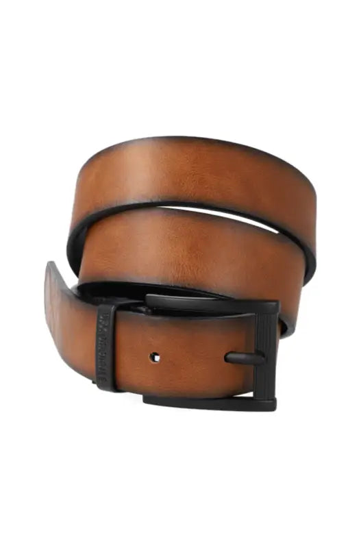 A tan brown leather belt with a distressed finish and a black rectangular buckle.