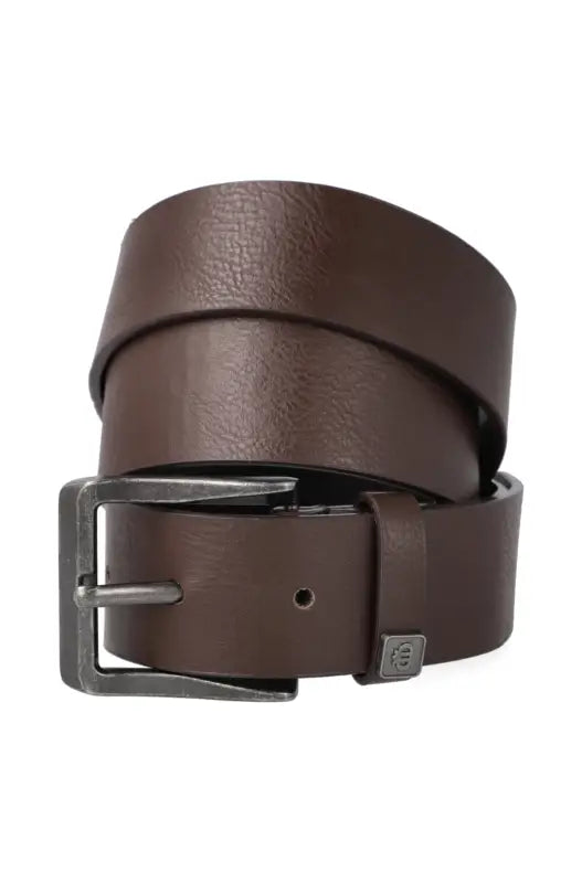 Brown leather belt with a silver-toned buckle.