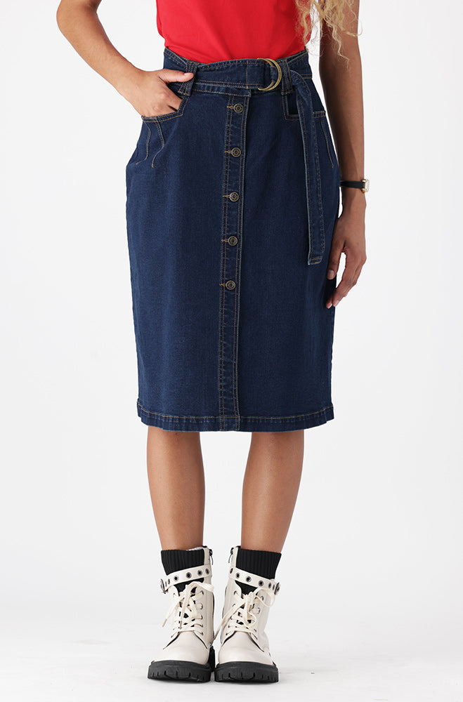 Ladies | Camden Button Through Belted Denim Skirt _ 156351 Dark Wash Skirts