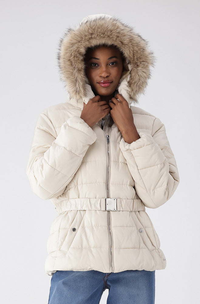 Dunns Clothing Gia Short Hooded Belted Puffer 155566 Cream