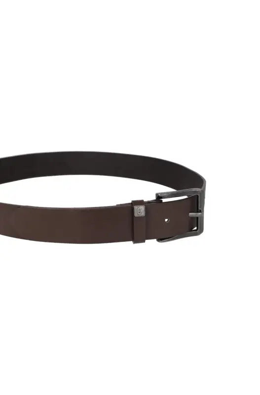 Men’s brown leather belt with a dark metal buckle.