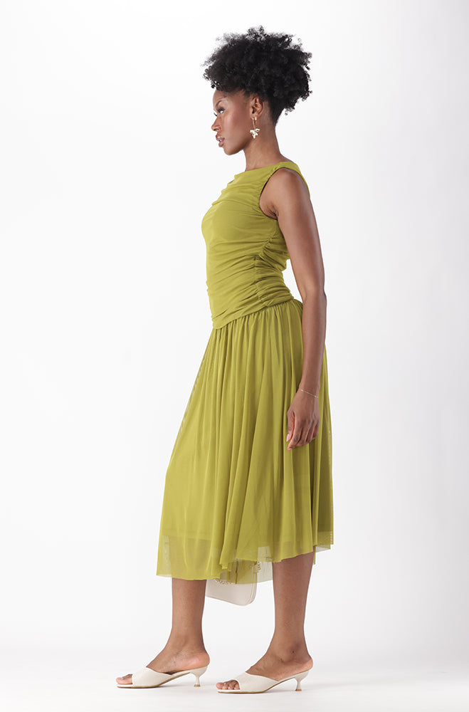 ARLINA ASYMMETRIC WAIST MAXI MESH DRESS