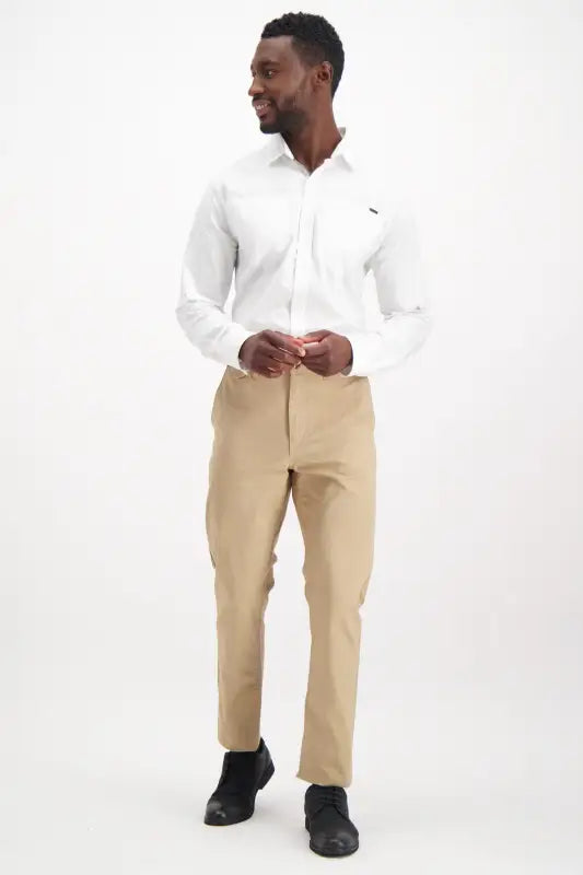 Men’s white long-sleeved button-up shirt.