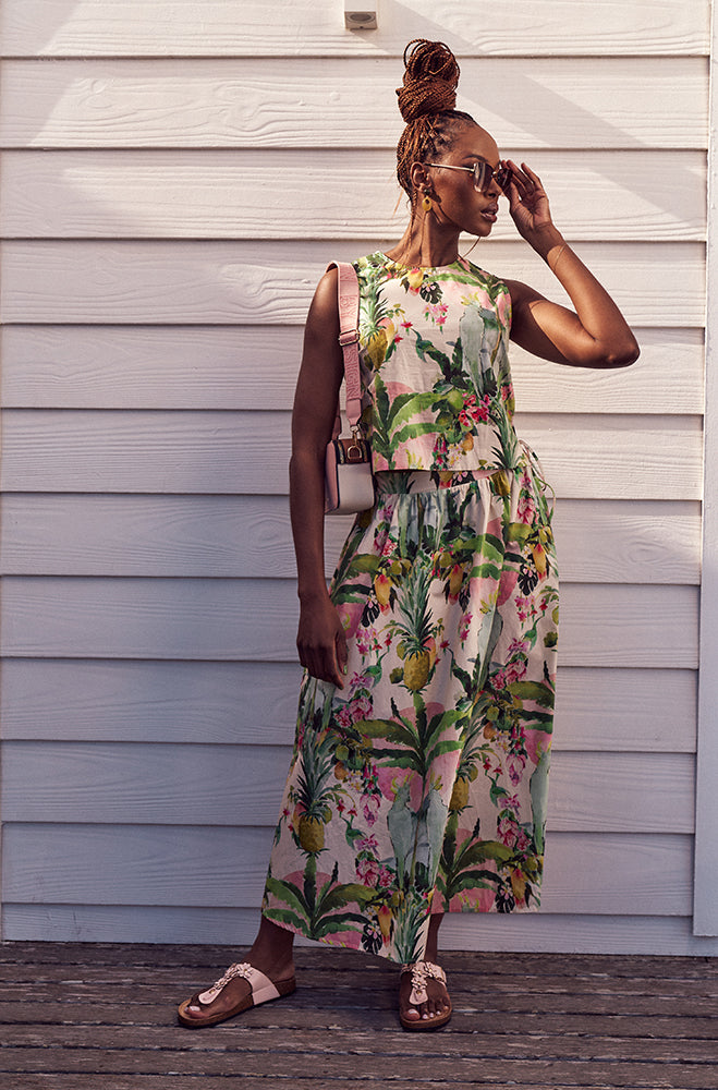 SELAH PRINTED FIT AND FLARE MIDI SKIRT
