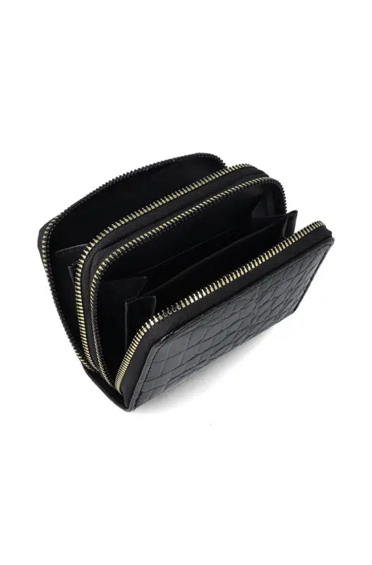Black leather wallet with a textured, possibly crocodile or alligator, pattern and two silver-toned zippers.
