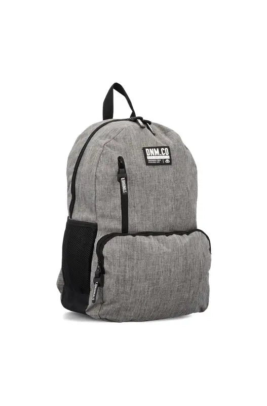 A gray backpack with black zippers and mesh side pockets.