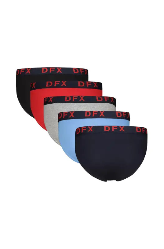 A pack of five men’s briefs in various colors (black, red, grey, light blue, and navy blue) with a red ’DFX’ logo on the waistband.