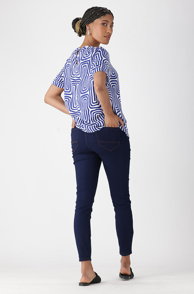 Ladies | Rose Geo Print Boxy Top _ 162105 Blue Blouses