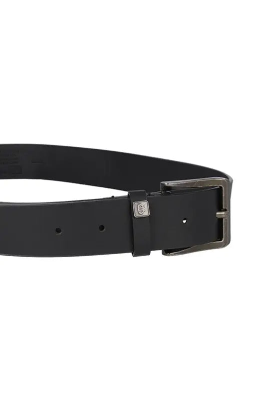 Black leather belt with a dark metal buckle.