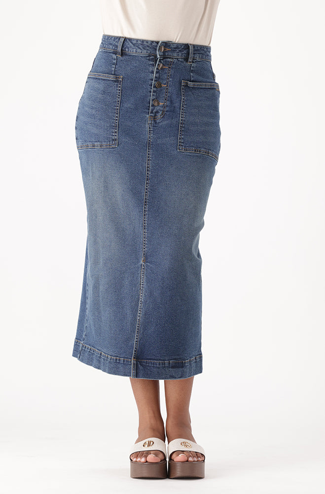 IRA DENIM LONGER LENGTH BUTTON SKIRT