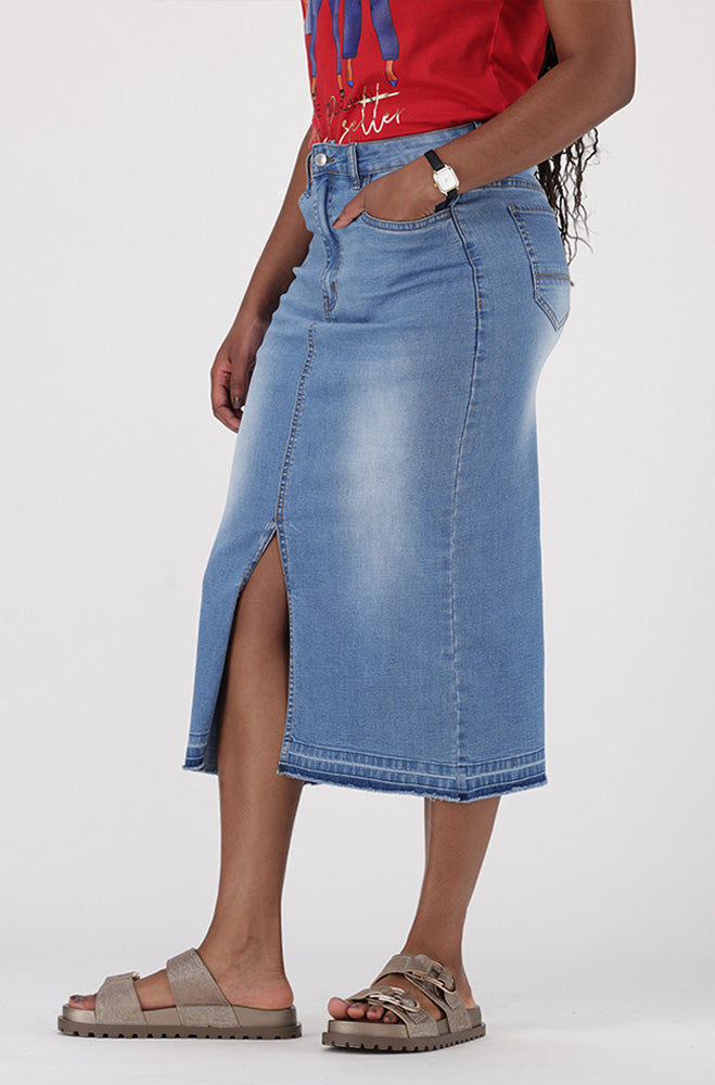 ROSIE DENIM LONGER LENGTH UNCLIPPED HEM SKIRT