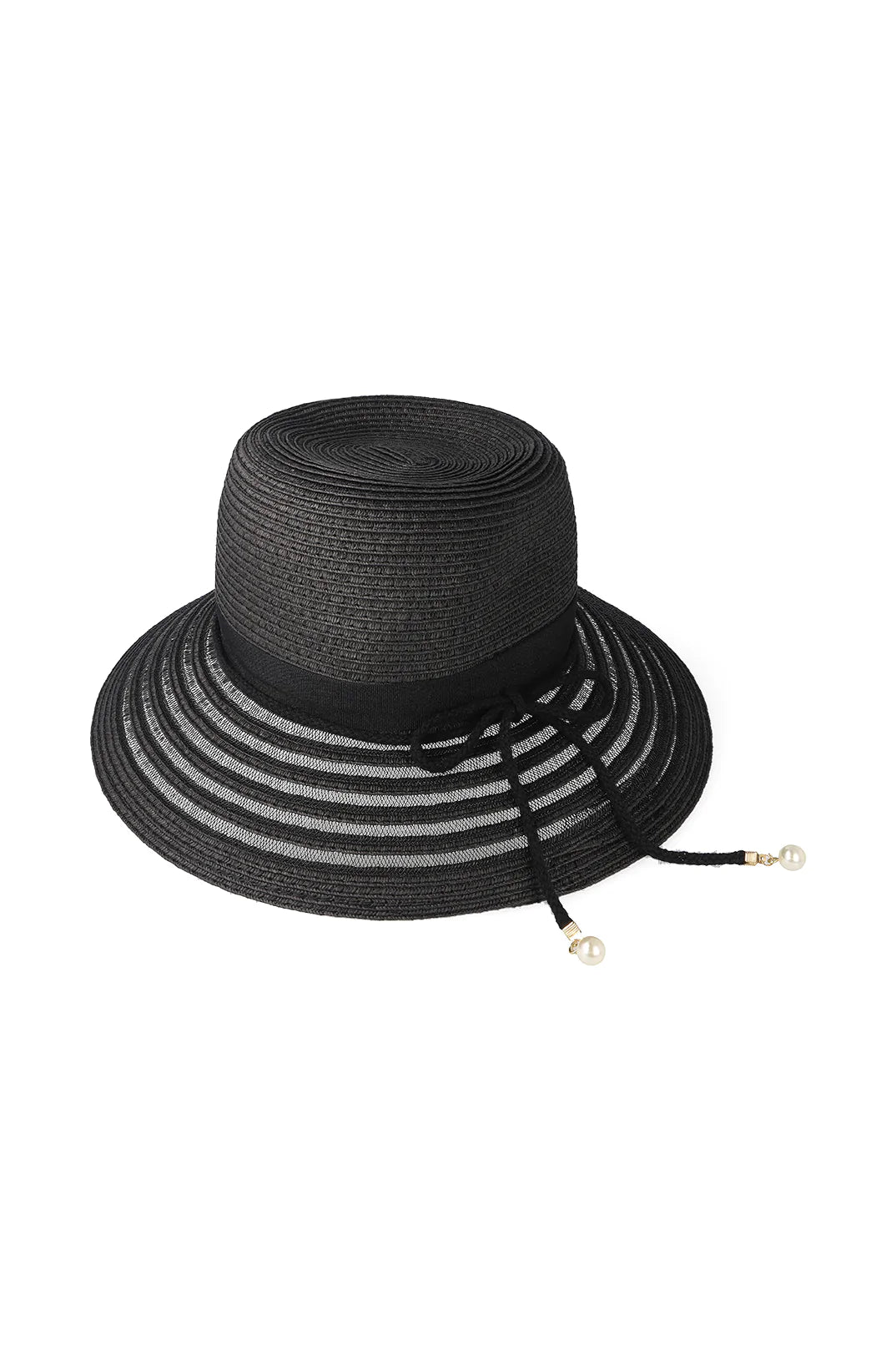 A black straw sun hat with a striped brim and decorative pearl-tipped ties.