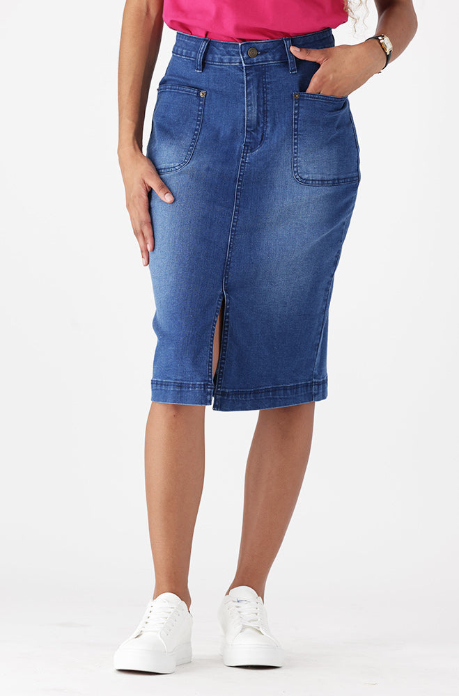 Ladies | Demi Front Slit Denim Skirt _ 161846 Mid Wash Skirts