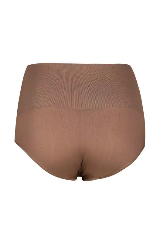 A pair of seamless, high-waisted, nude-colored women’s briefs.