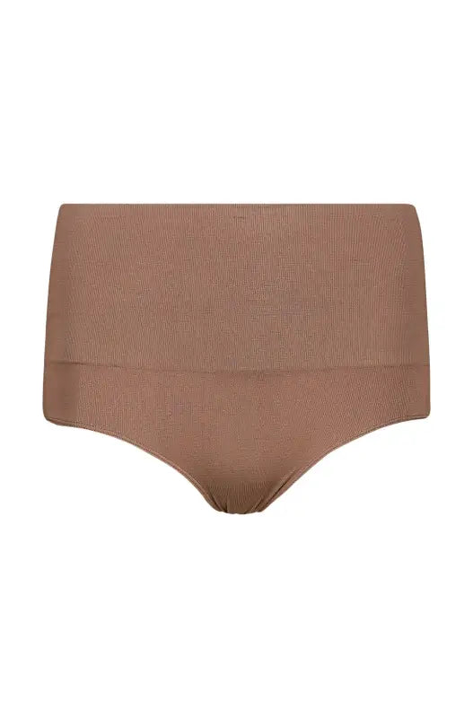 Seamless high-waisted briefs in a nude/brown color.