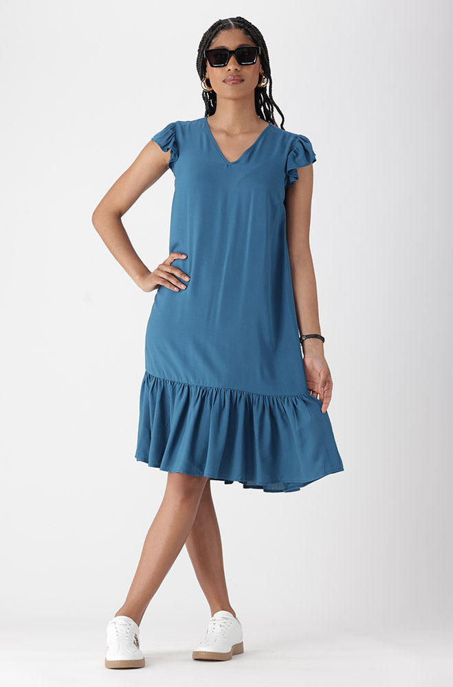 Ladies | Astrid Flutter Sleeve Dress _ 161826 Teal Dresses
