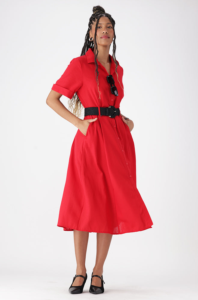 Ladies | Carla Linen Blend Shirt Dress _ 162904 Red Dresses