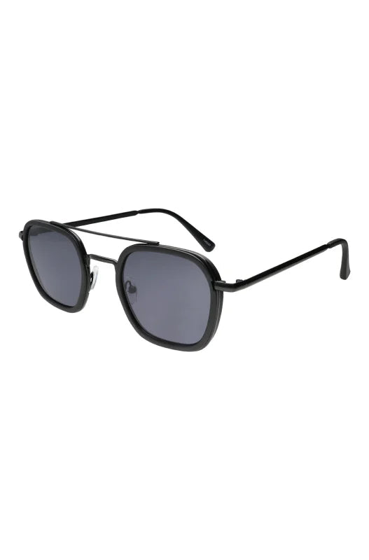 Black aviator-style sunglasses with dark gray lenses.
