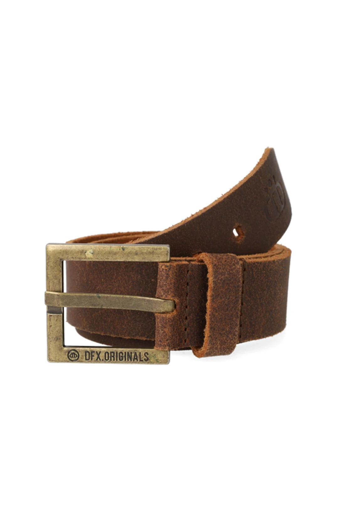 Brown leather belt with a brass-toned rectangular buckle.