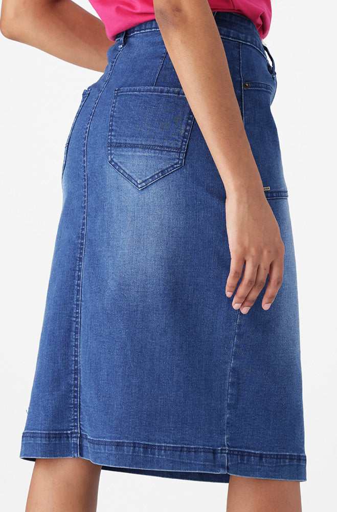 Ladies | Demi Front Slit Denim Skirt _ 161846 Mid Wash Skirts