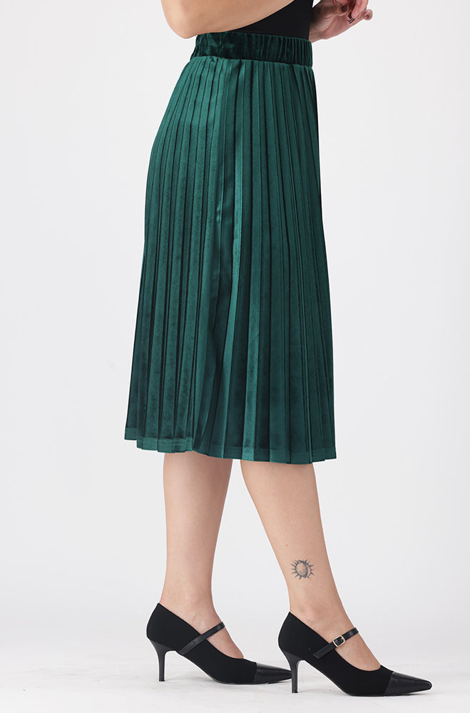 Ladies | Emilia Velour Pleated Midi Skirt _ 157240 Green Skirts