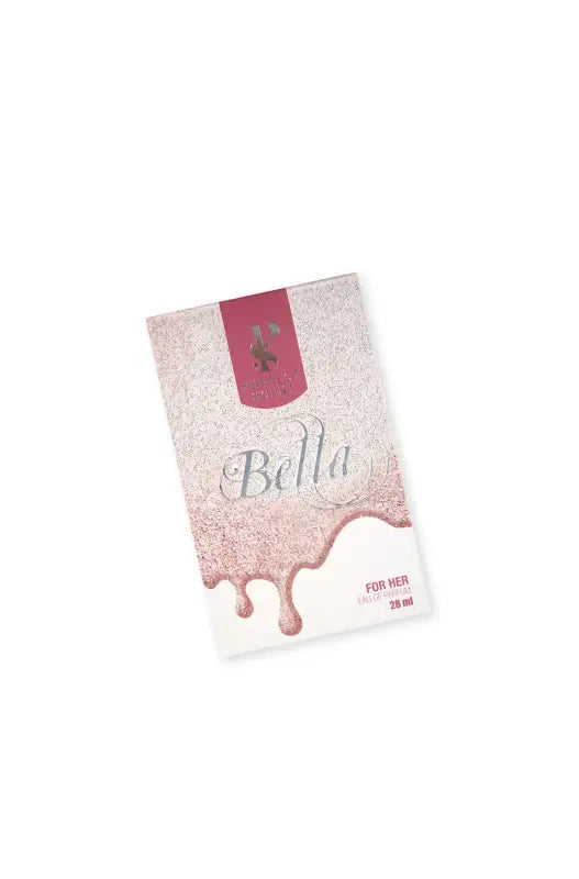 A rectangular perfume box with a glittery pink and white design.