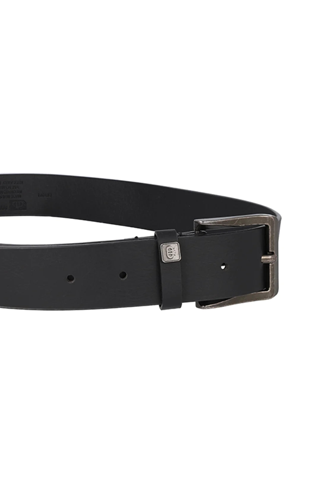 Black leather belt with a dark metal buckle.