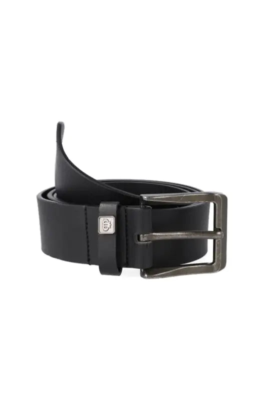 Black leather belt with a dark metal buckle.
