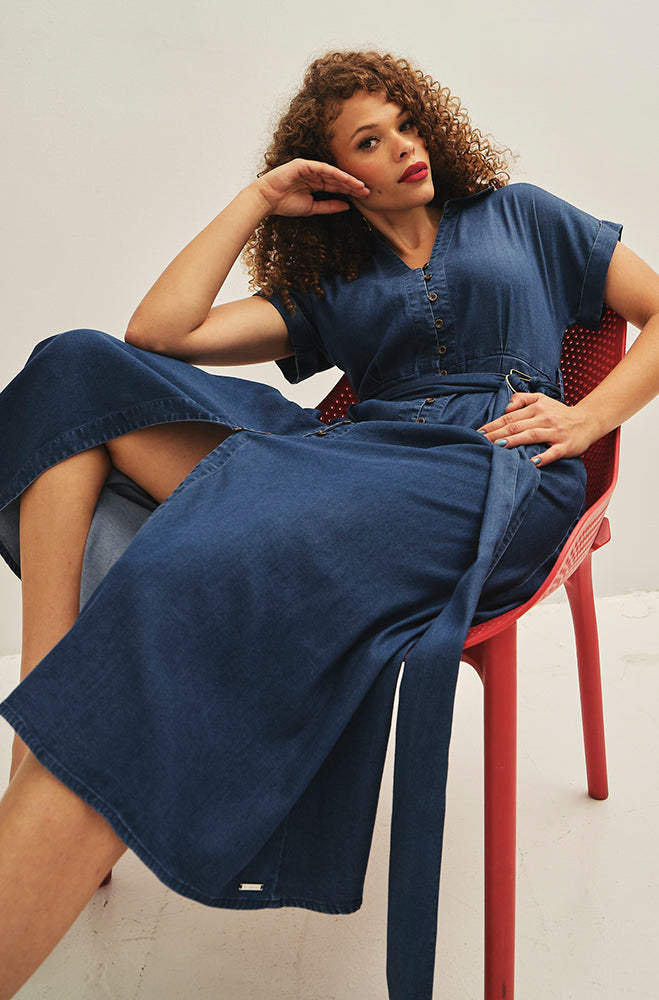 ARADIA DENIM MIDI BELTED DRESS