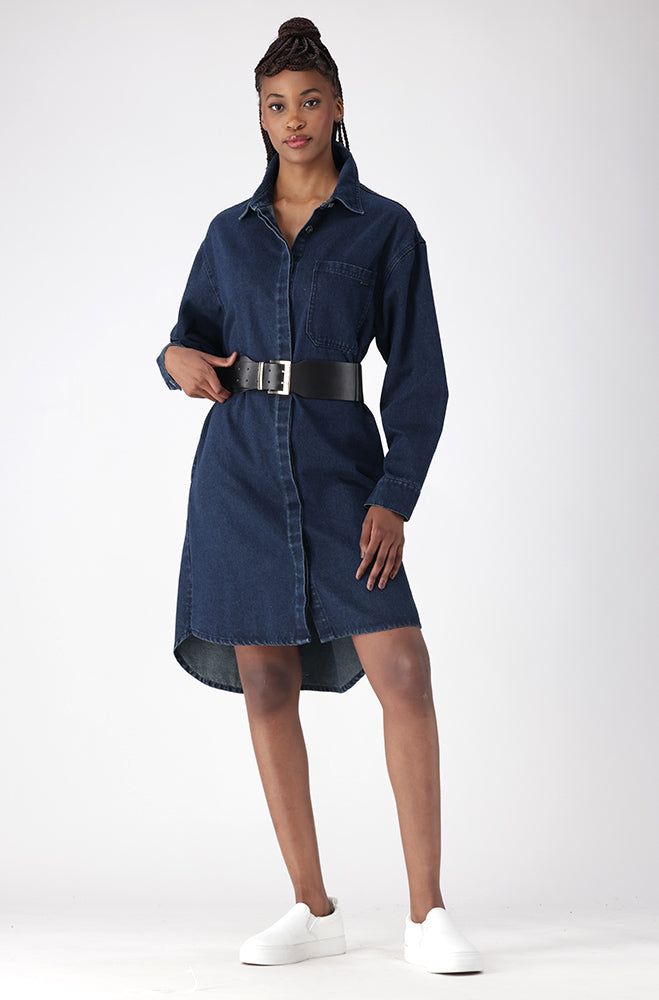 Ladies | Estie Denim Shirt Dress _ 156319 Dark Wash Dresses
