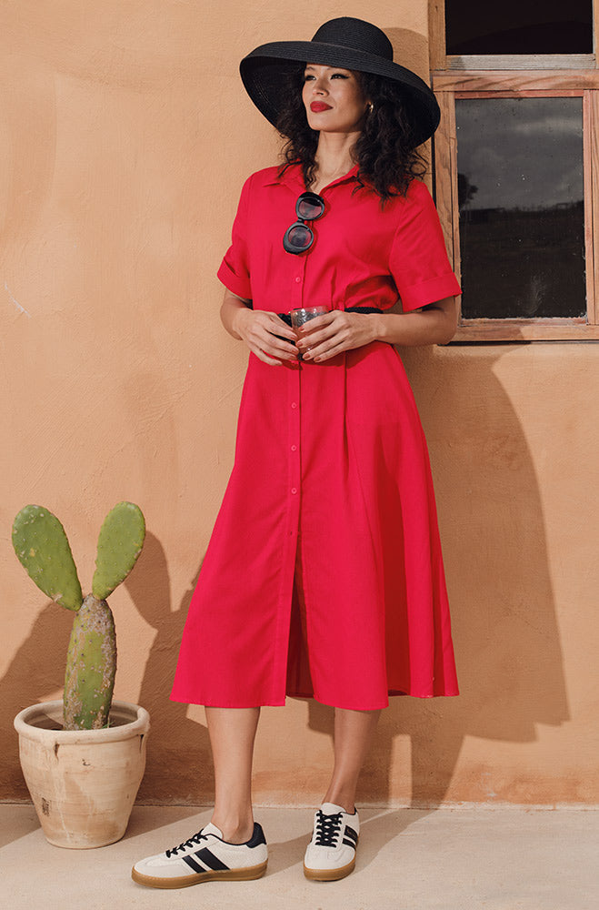 Dunns Clothing Carla Linen Blend Shirt Dress 162904 Red R399