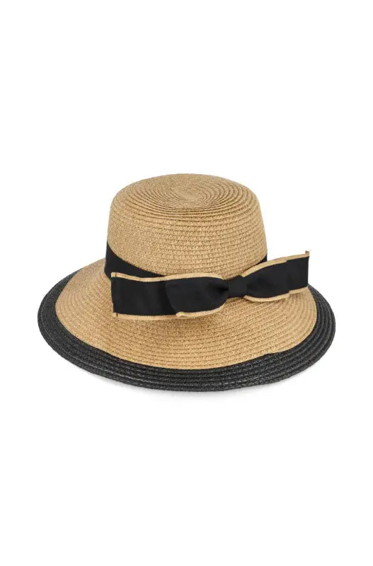 Straw sun hat with a black ribbon bow