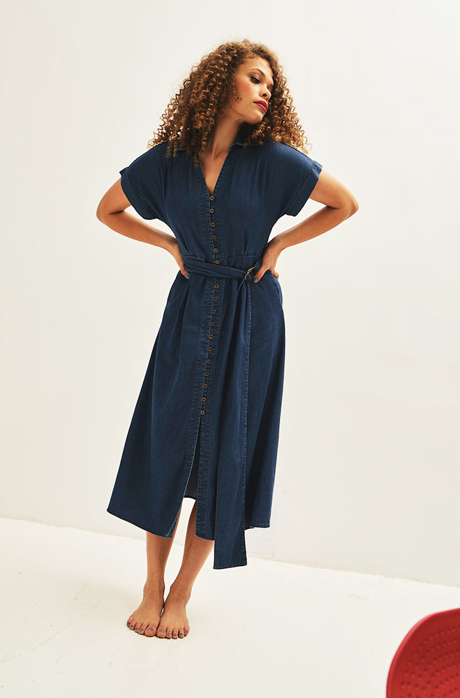ARADIA DENIM MIDI BELTED DRESS