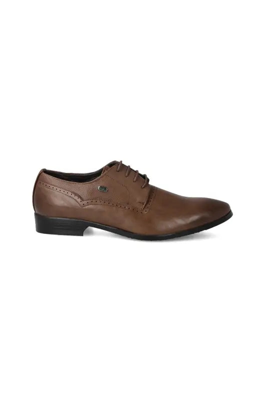 Men’s brown leather formal lace-up shoe with a stacked heel.