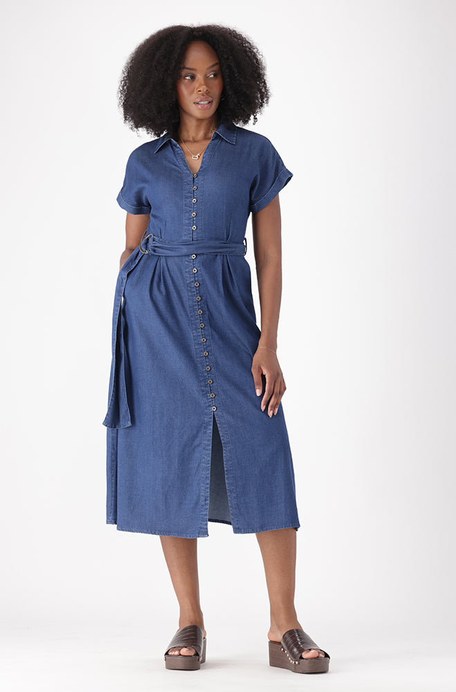 ARADIA DENIM MIDI BELTED DRESS