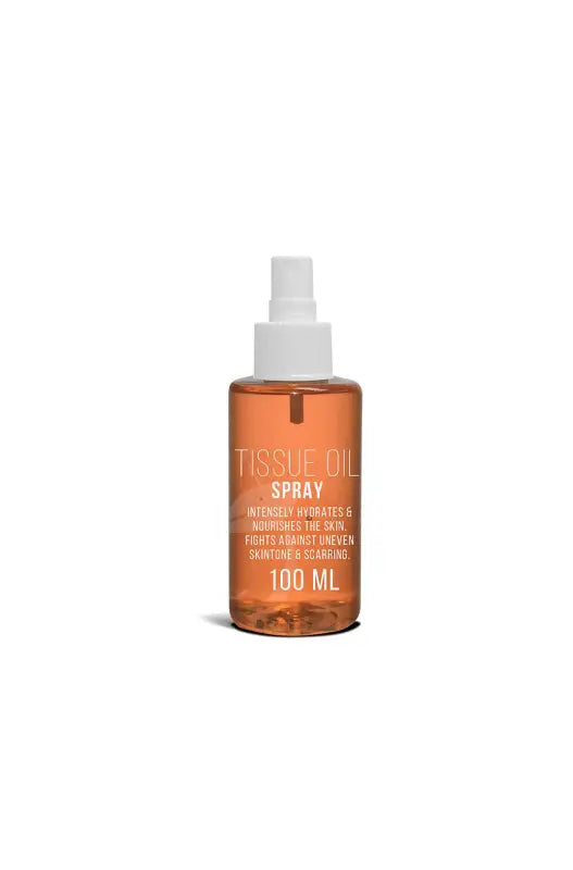 Brown ’Tissue Oil’ spray bottle with a white cap.
