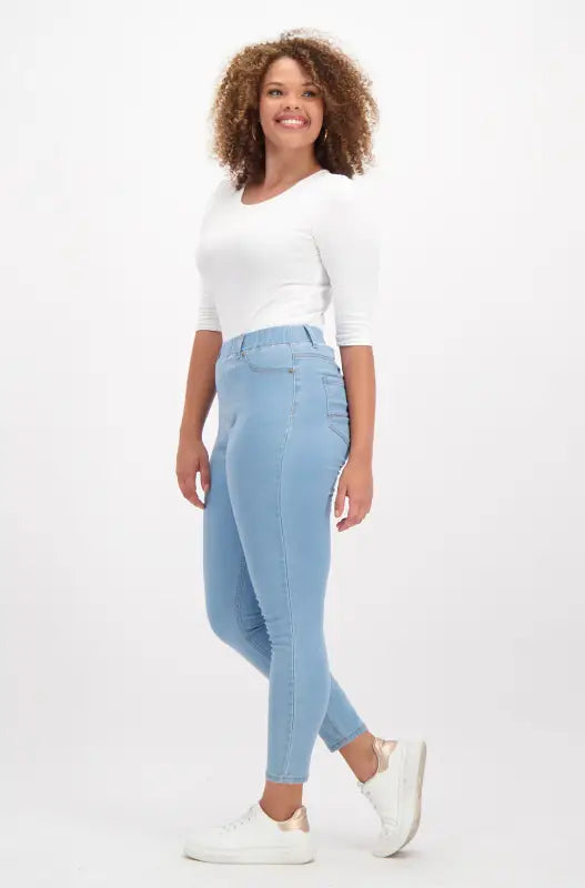 Light blue women’s skinny jeans.