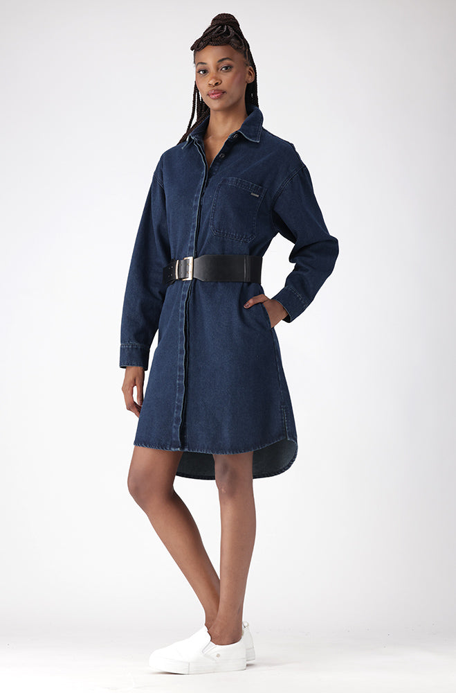 Ladies | Estie Denim Shirt Dress _ 156319 Dark Wash Dresses