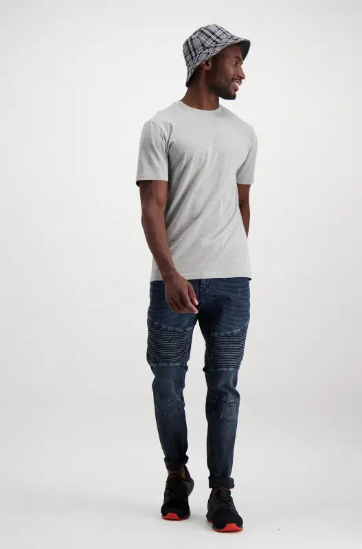 A light grey short-sleeved crew-neck t-shirt.