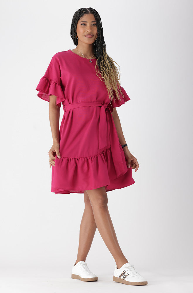 Ladies | Tracy Belted Linen Blend Dress _ 165157 Pink Dresses
