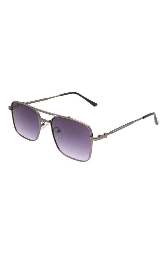 Aviator-style sunglasses with a dark grey metal frame and gradient purple-tinted lenses.