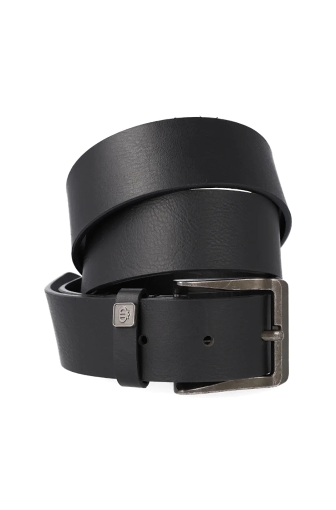 Black leather belt with a dark silver-toned buckle.
